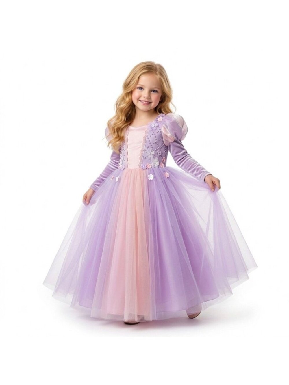 Girls Rapunzel Inspired Princess Dress Lavender Pink Tulle Costume Gown